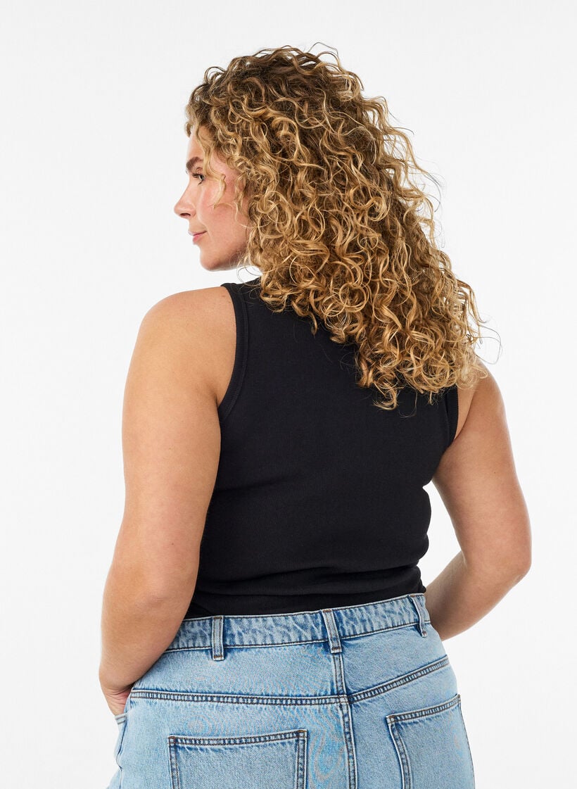 Ribbad topp i bomull med h&ouml;g hals, Svart, Model image number 2