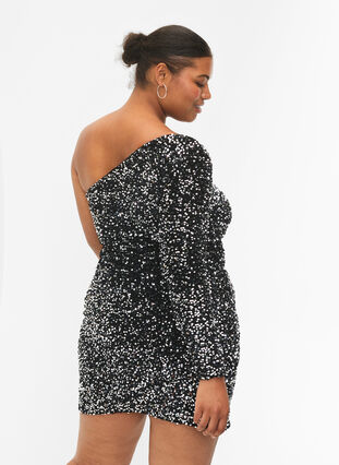 Kort one-shoulder klänning med paljetter, Black/Silver Sequins, Model image number 1