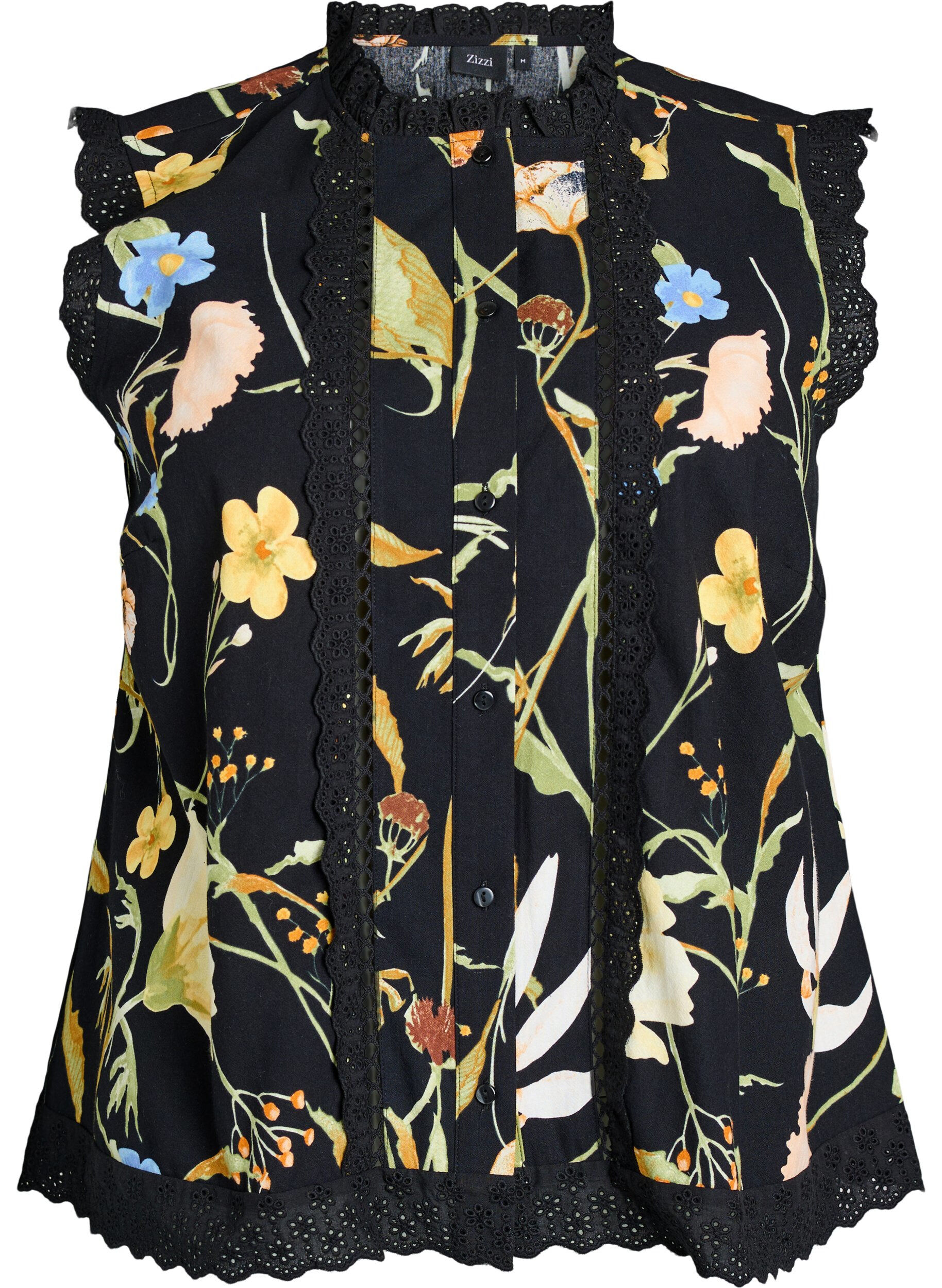 Zizzi &Auml;rml&ouml;s blus i bomull med blommigt m&ouml;nster och broderie anglaise, Svart, Packshot image number 0
