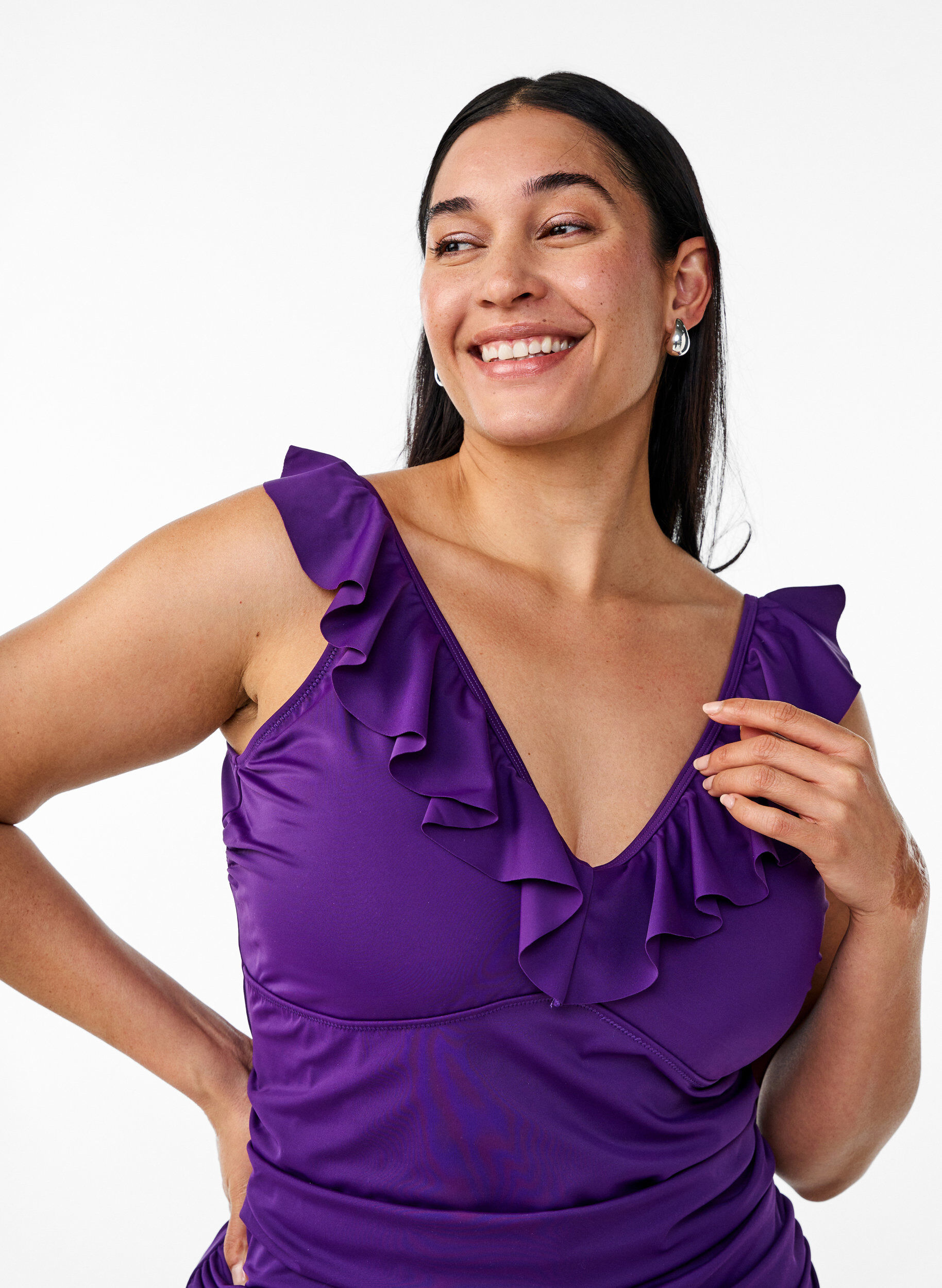 Zizzi Baddr&auml;kt med volanger och uttagbar vaddering, Lila, Model image number 2