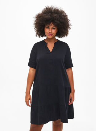 Kortärmad klänning i 100% bomull, Black, Model image number 2