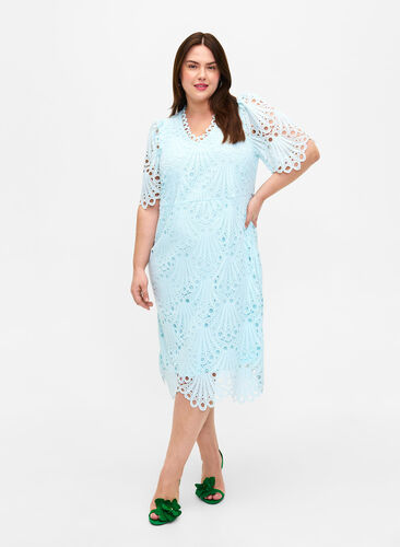 Virkad klänning med korta ärmar, Delicate Blue, Model image number 0