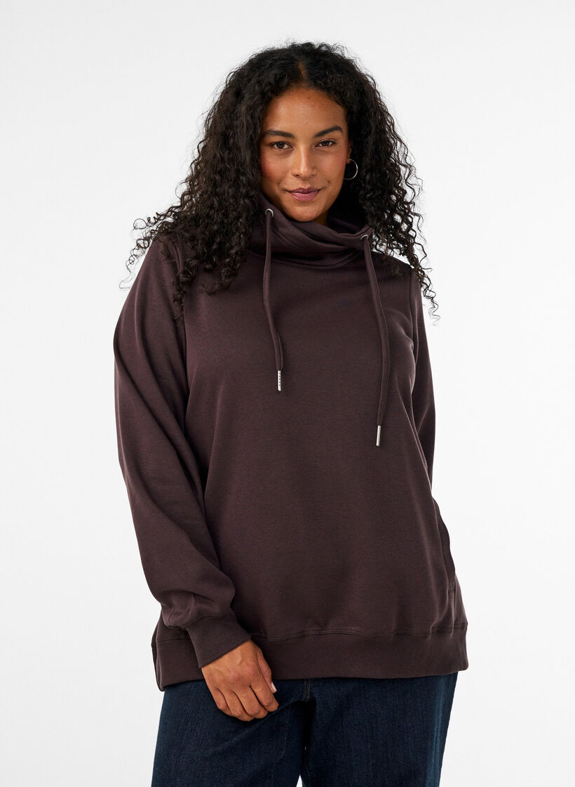 Sweatshirt med h&ouml;g krage och fickor, Brun, Model image number 0