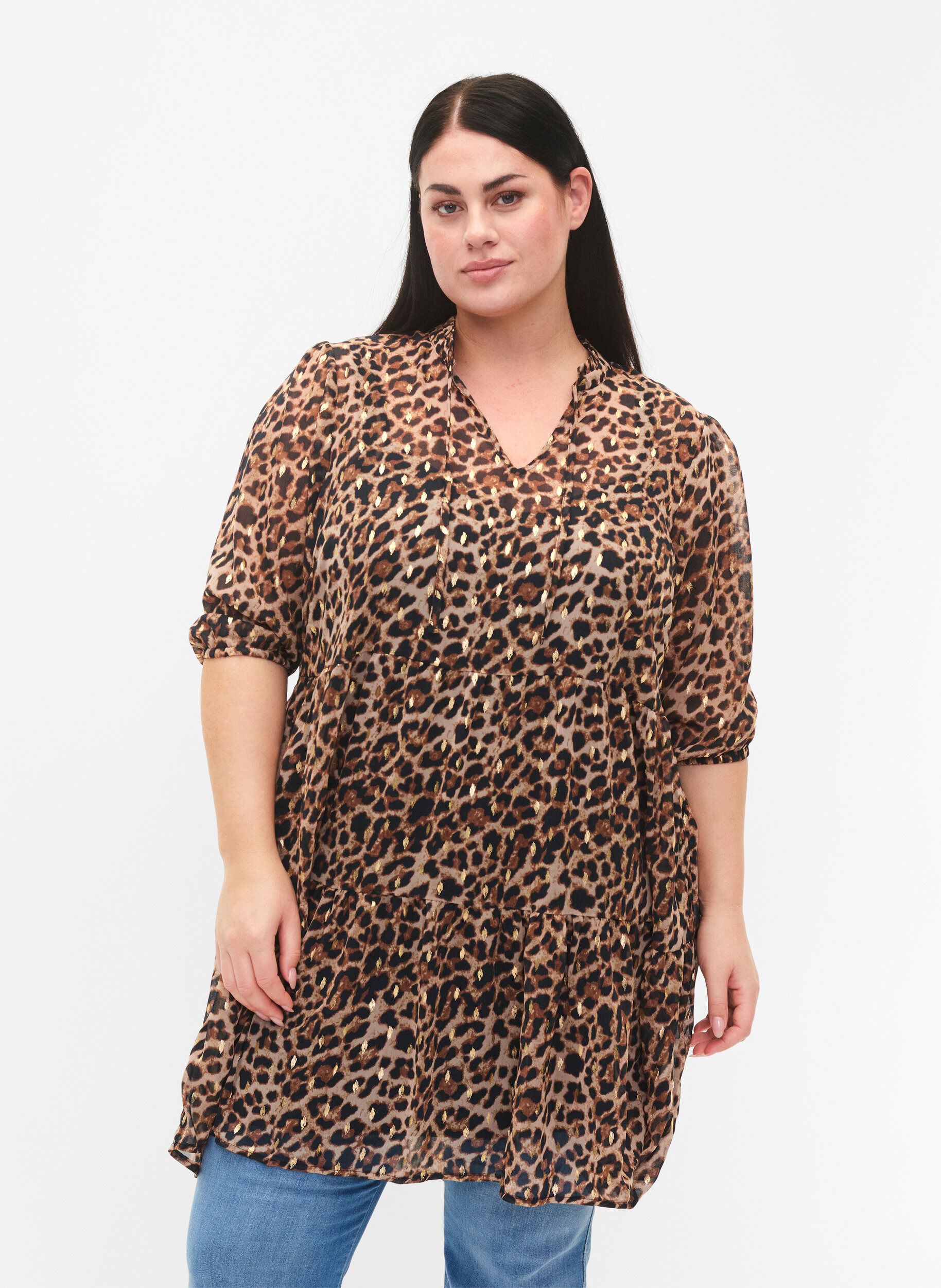 Zizzi Tunika med leotryck och lurex, Leopard AOP, Model image number 0
