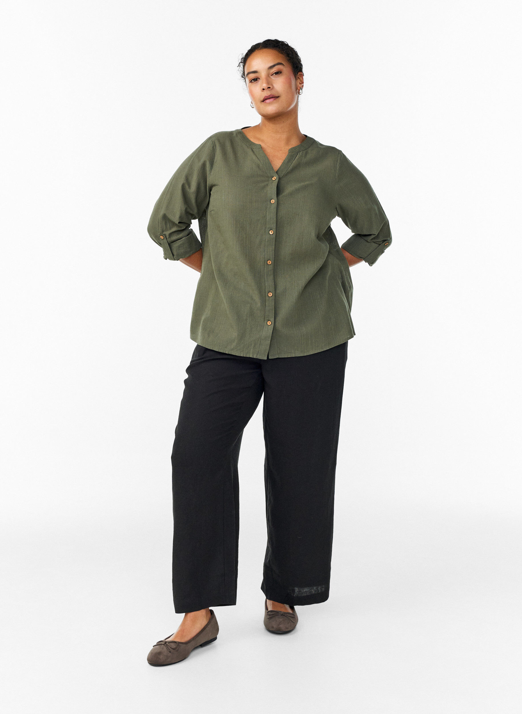 ZizziSkjortblus i bomull med v-ringning, Gr&ouml;n, Model image number 1