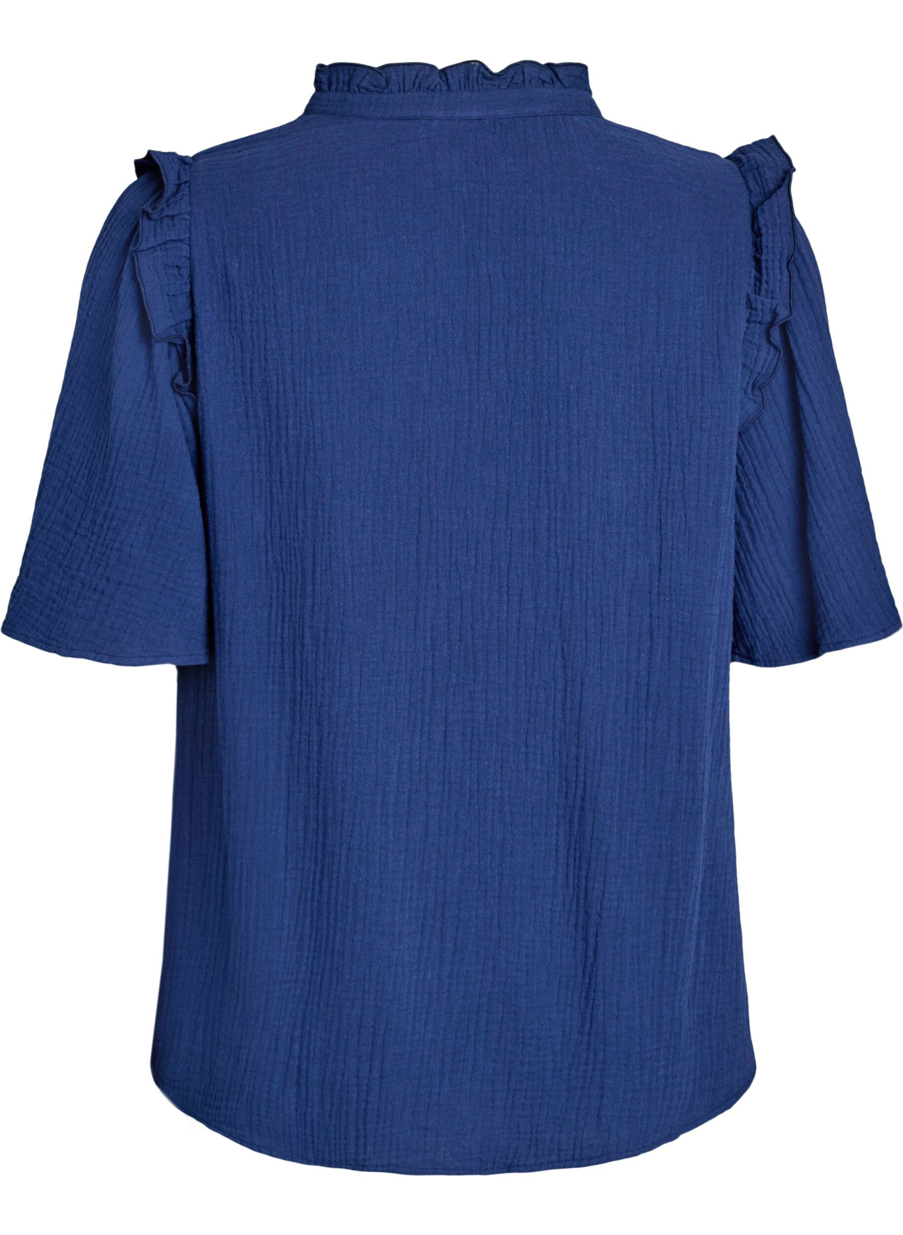 ZizziBlus i bomullsmuslin med broderie anglaise och 1/2-&auml;rm, Bl&aring;, Packshot image number 1