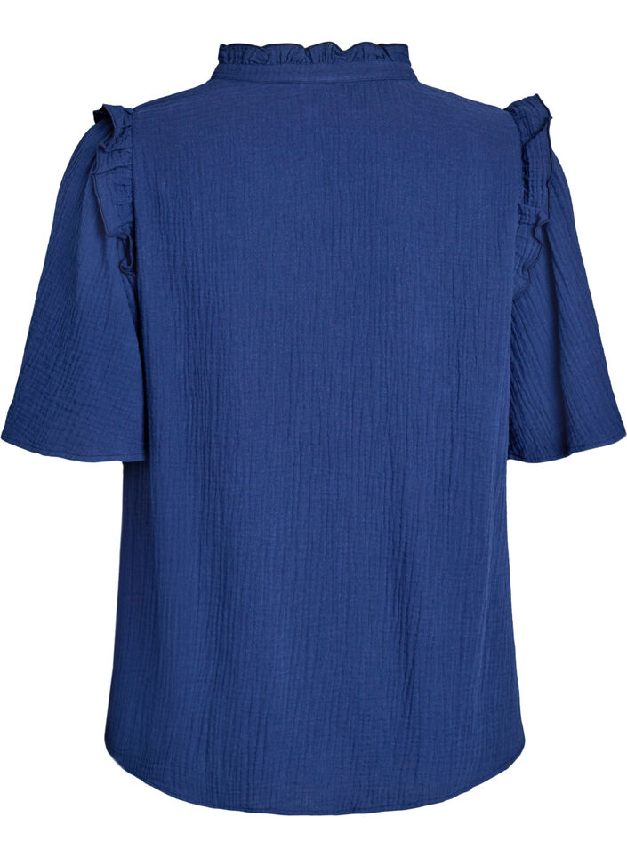 Blus i bomullsmuslin med broderie anglaise och 1/2-&auml;rm, Bl&aring;, Packshot image number 1