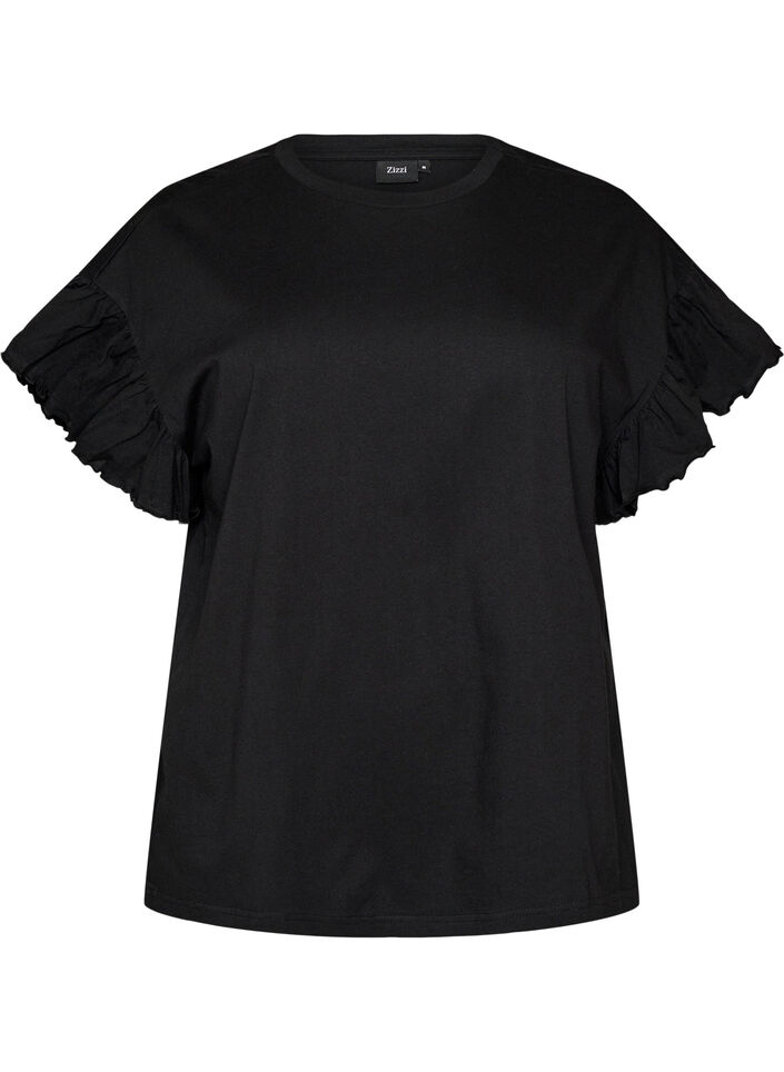 T-shirt i ekologisk bomull med volang&auml;rmar, Svart, Packshot image number 0