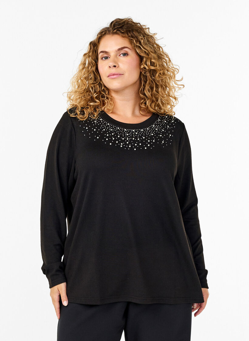 Blus med pärlutsmyckning, Black, Model image number 0