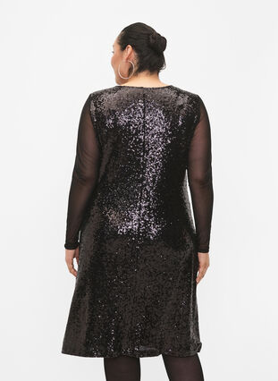 A-formad paljettklänning med långa ärmar, Black, Model image number 1
