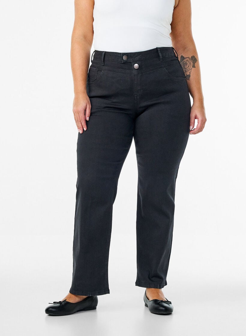 Gemma-jeans med normal passform och h&ouml;g midja, Svart, Model image number 2