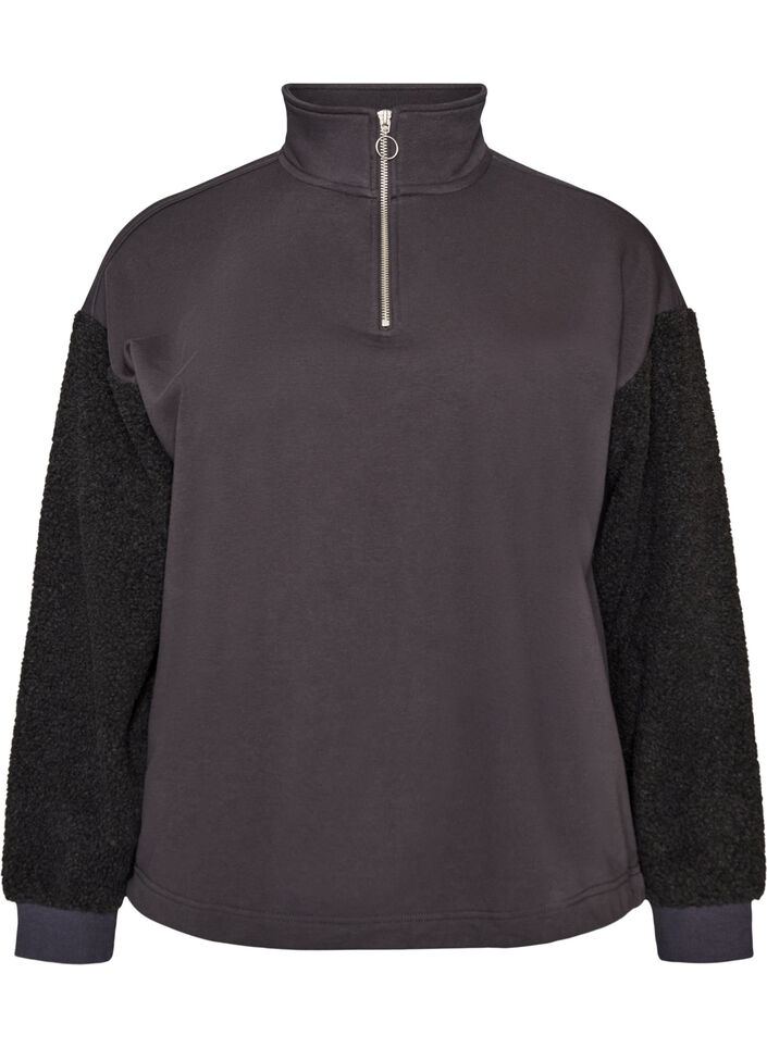 Sweatshirt med teddy&auml;rmar och h&ouml;g hals, Gr&aring;, Packshot image number 0