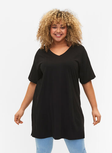 Enfärgad oversize t-shirt med v-hals, Black, Model image number 0