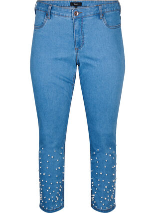 Emily jeans med tajt passform och pärlor, Light Blue, Packshot image number 0