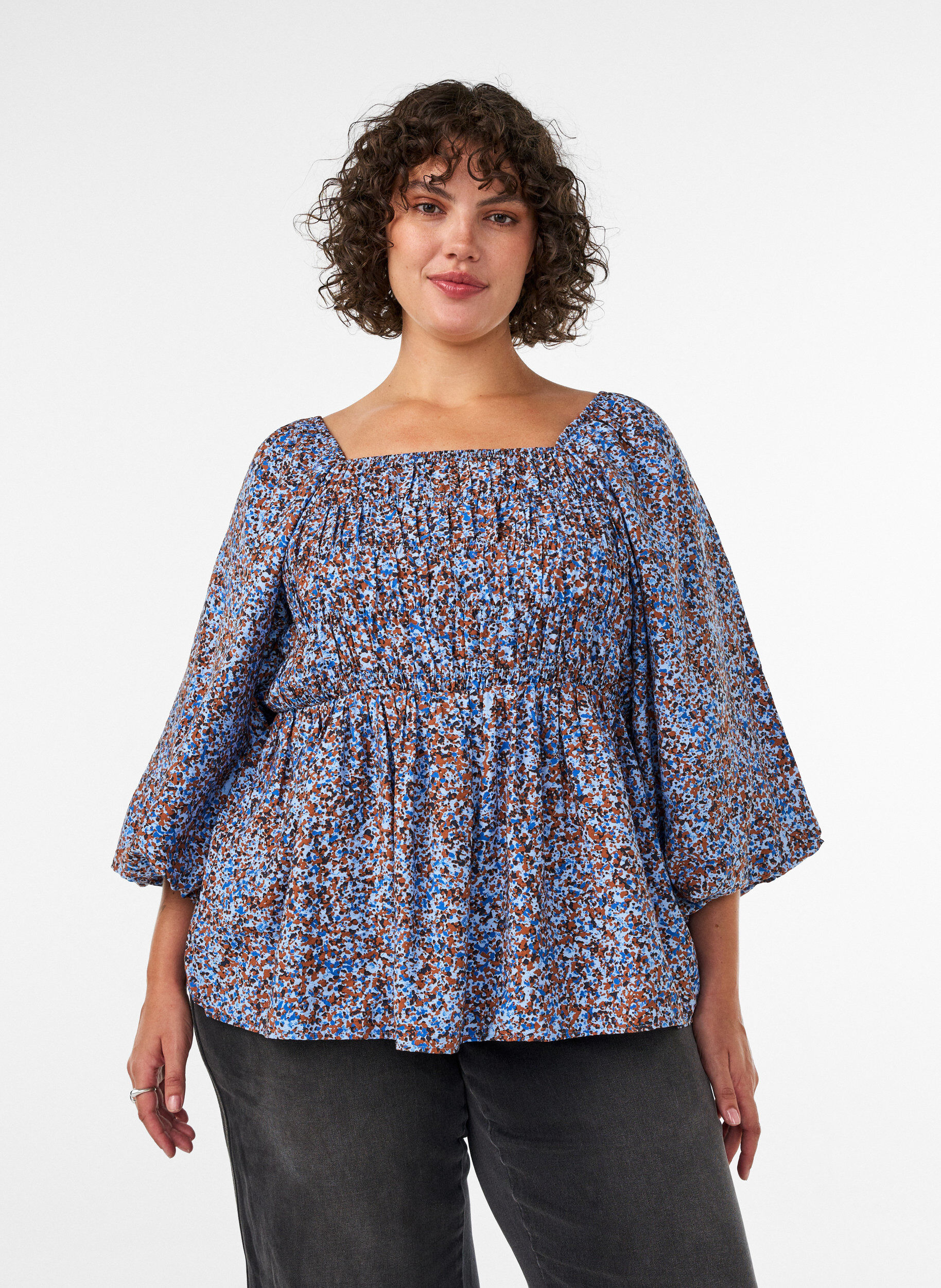 Blus med smock och fyrkantig ringning, Bl&aring;, Model
