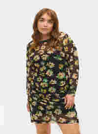 Åtsittande mesh-klänning med 3/4 ärmar, Yellow Green AOP, Model