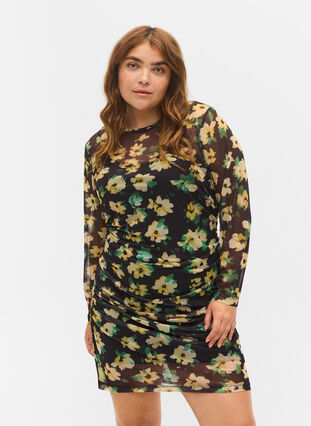 Åtsittande mesh-klänning med 3/4 ärmar, Yellow Green AOP, Model image number 0
