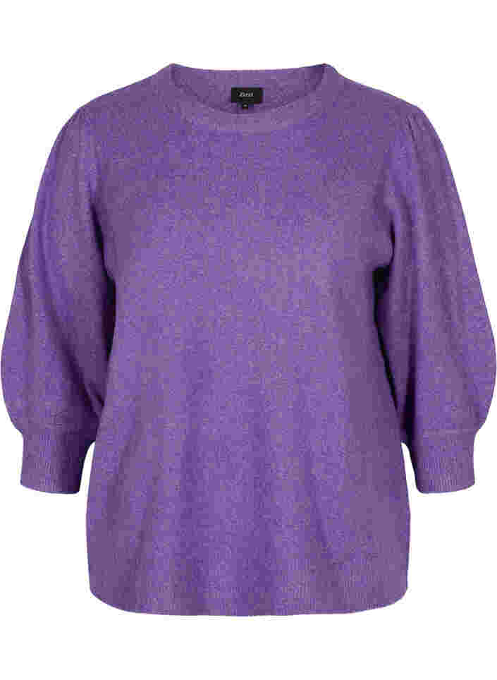Melerad stickad tröja med 3/4-ärmar, Ultra Violet Mel., Packshot image number 0