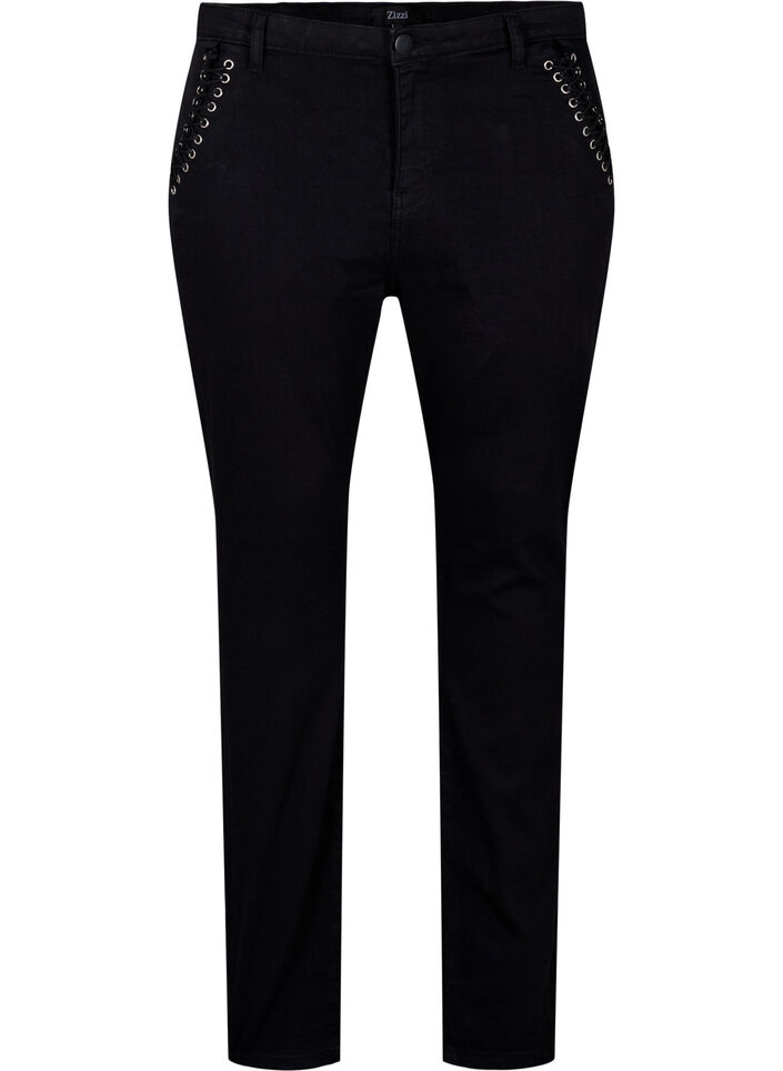Super slim Amy jeans med sn&ouml;rning fram, Black, Packshot image number 0