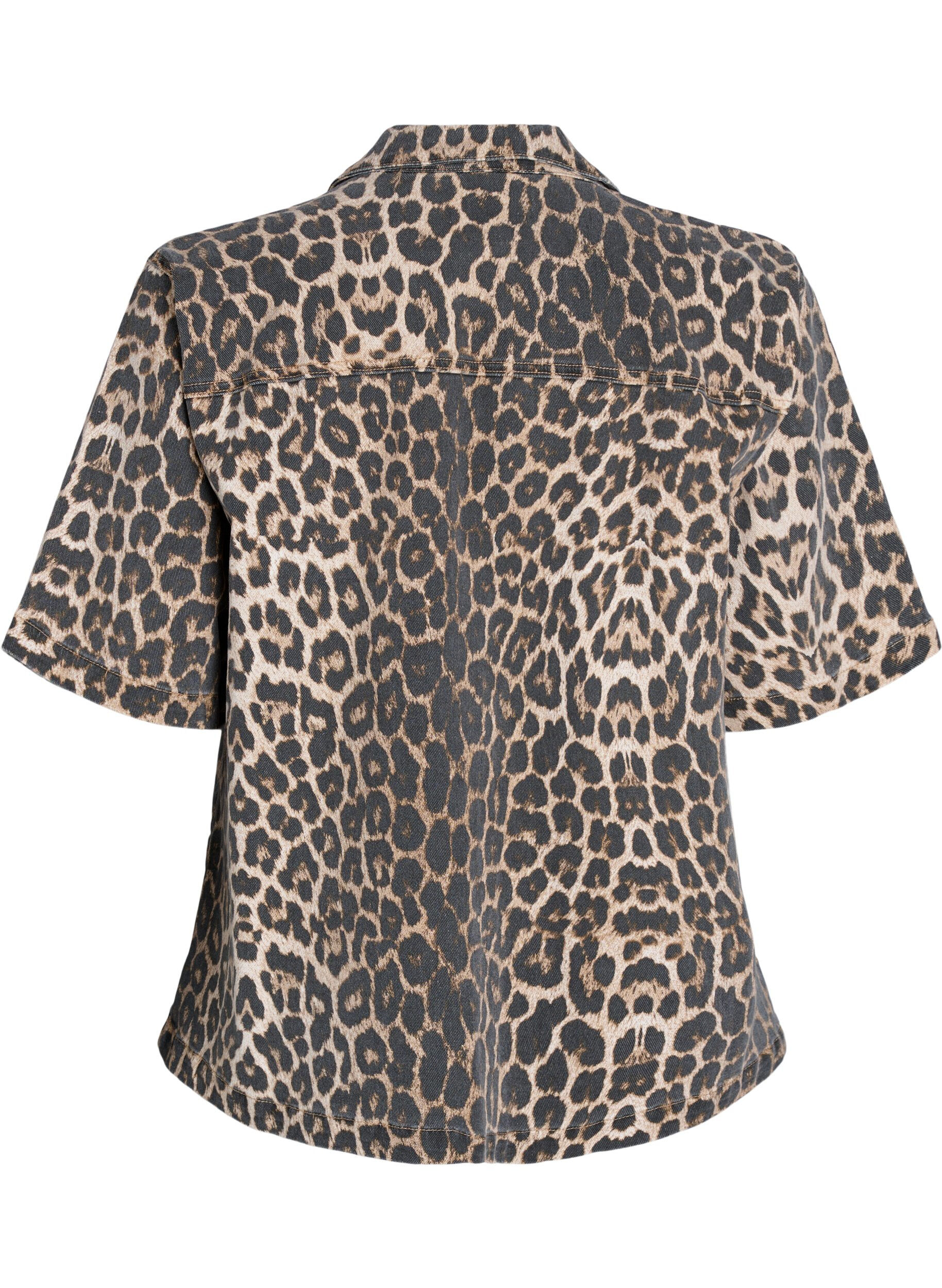 Zizzi Jeansblus med leopardtryck, krage och halvl&aring;nga &auml;rmar, Brun, Packshot image number 1