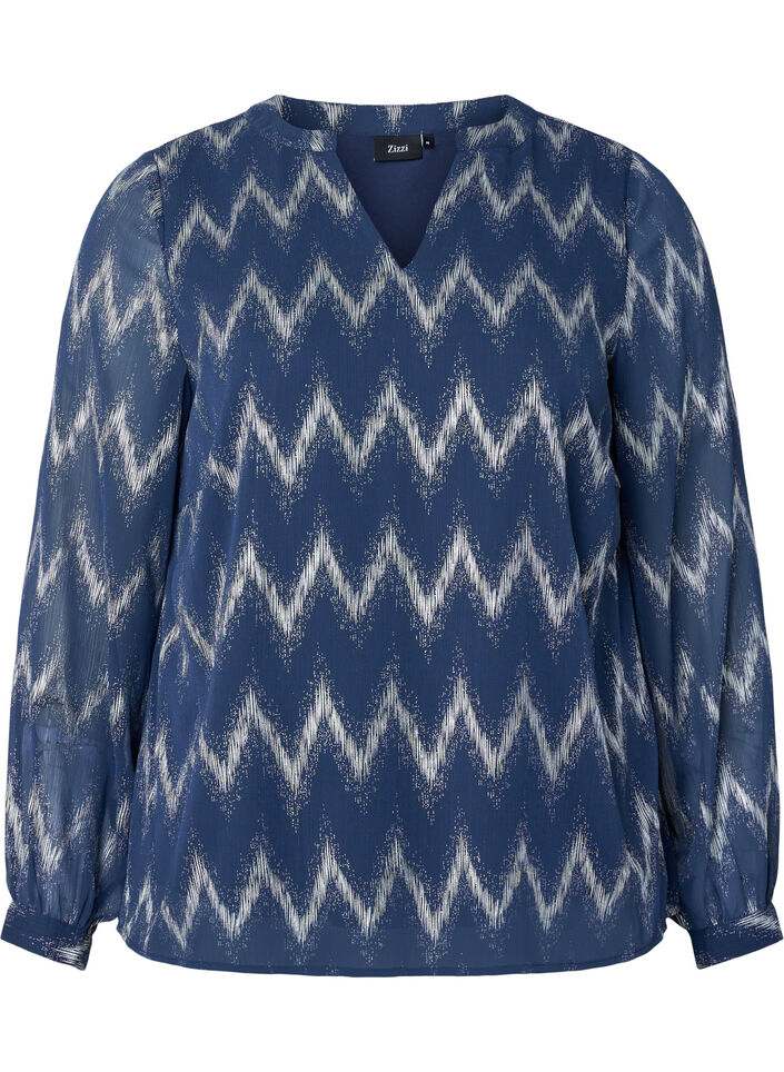 Blus med tryck och v-ringning, Bl&aring;, Packshot image number 0