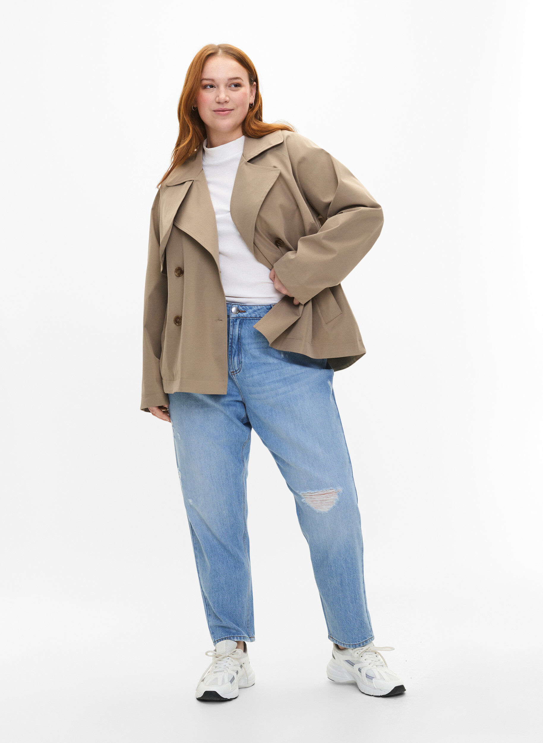 Zizzi Kort trenchcoat som st&auml;ngs med tryckknappar, Coriander, Model image number 2