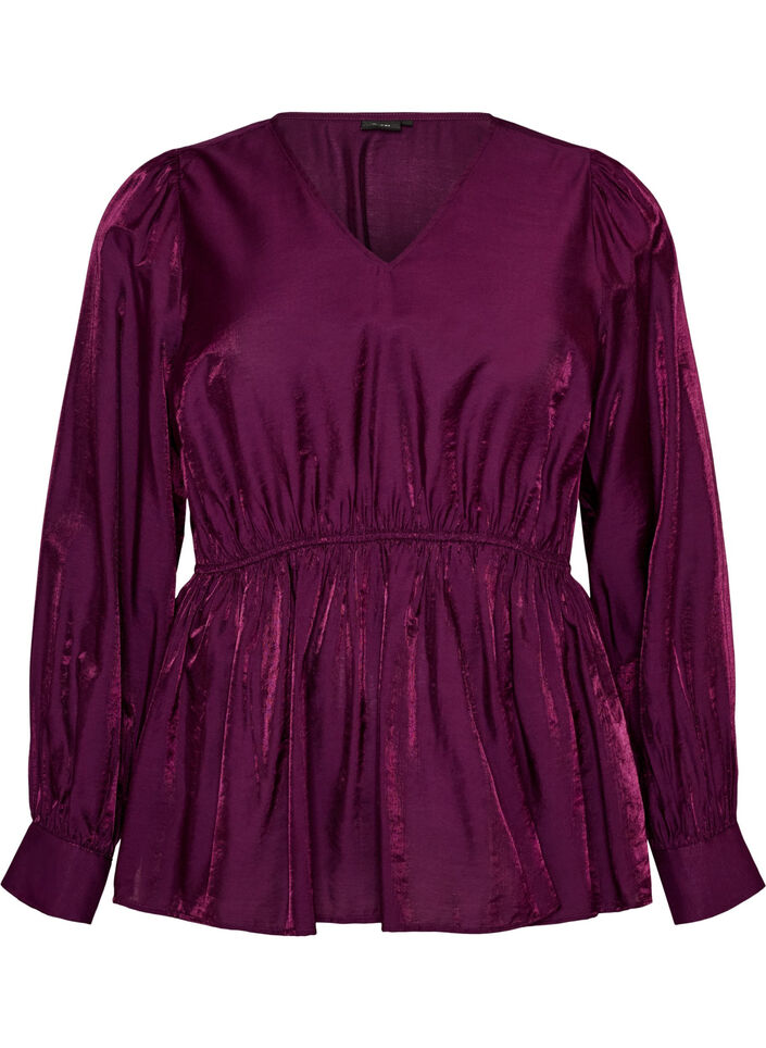 Glansig blus i viskos med peplumeffekt, Lila, Packshot image number 0