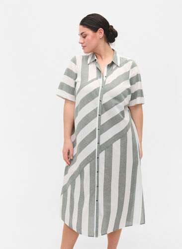 Kortärmad skjortklänning i bomull med ränder, Thyme Stripe, Model image number 0