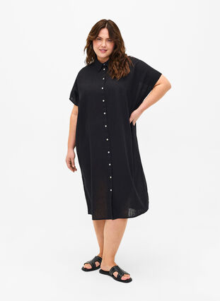 Lång skjorta i bomullsblandning med linne, Black, Model image number 0