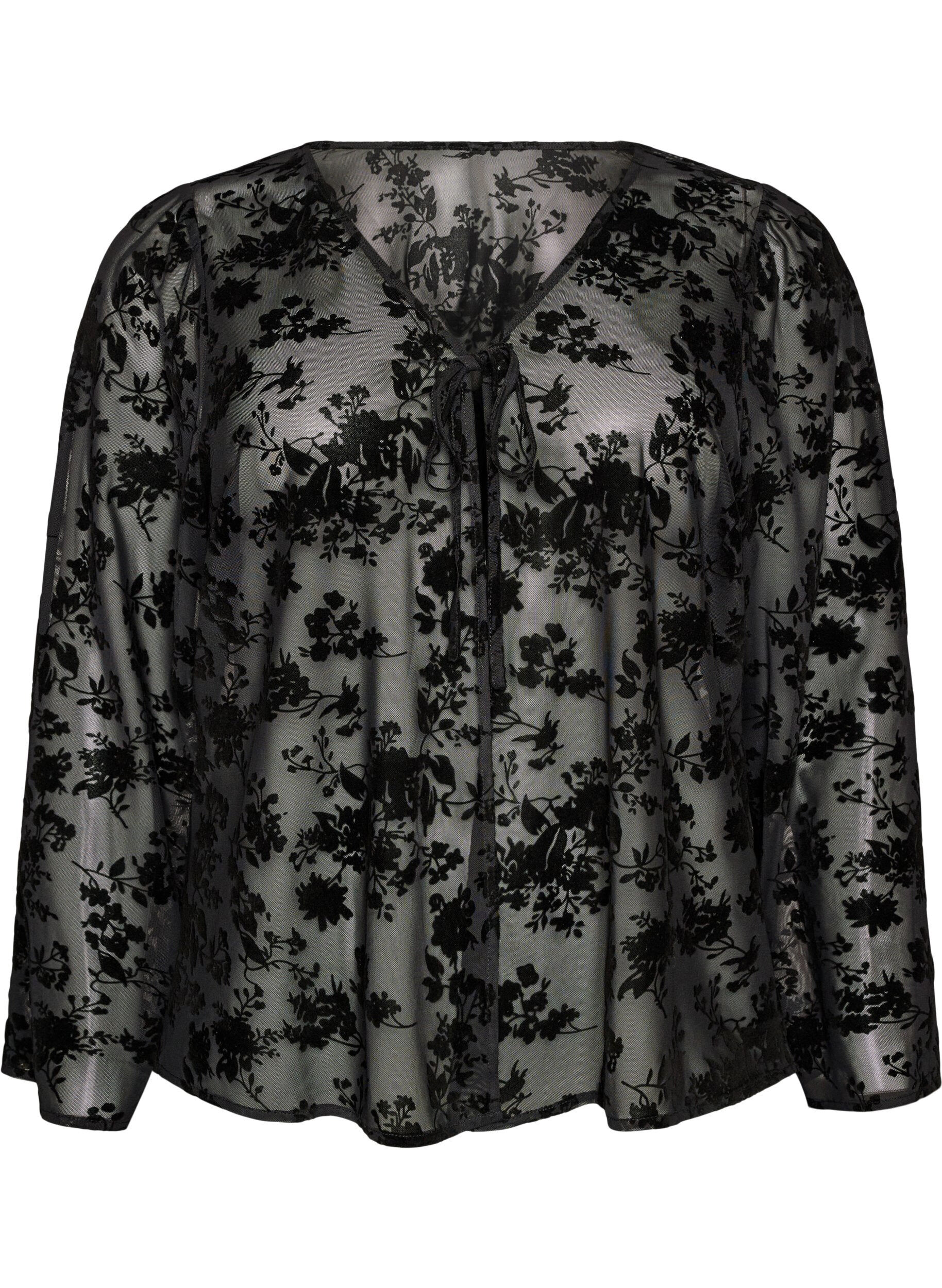ZizziMeshblus med blomm&ouml;nster och &ouml;ppen front, Svart, Packshot image number 0