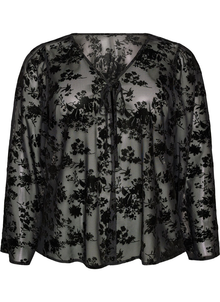 Meshblus med blomm&ouml;nster och &ouml;ppen front, Svart, Packshot image number 0