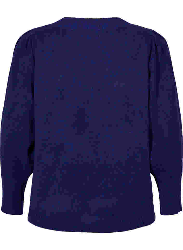 Melerad stickad tröja med puffärm och v-hals, Ultra Violet Mel., Packshot image number 1