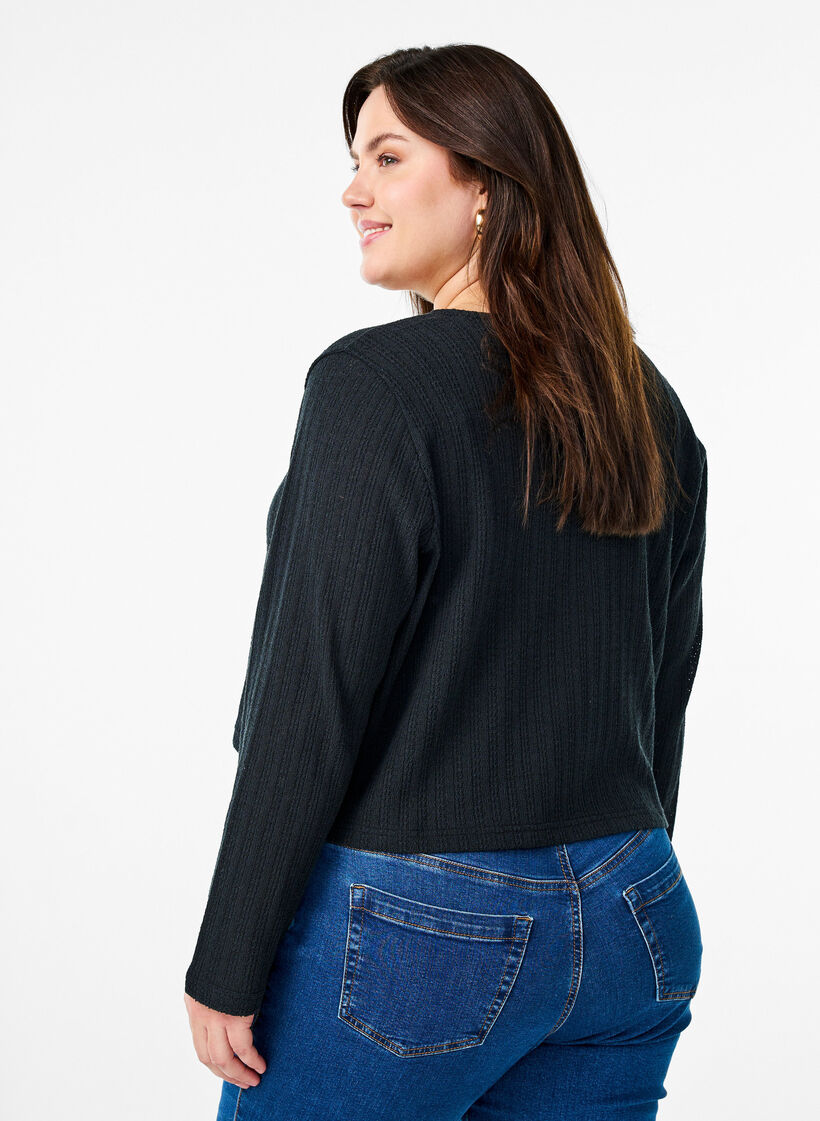 Stickad kofta med textur och knytning framtill, Svart, Model image number 2