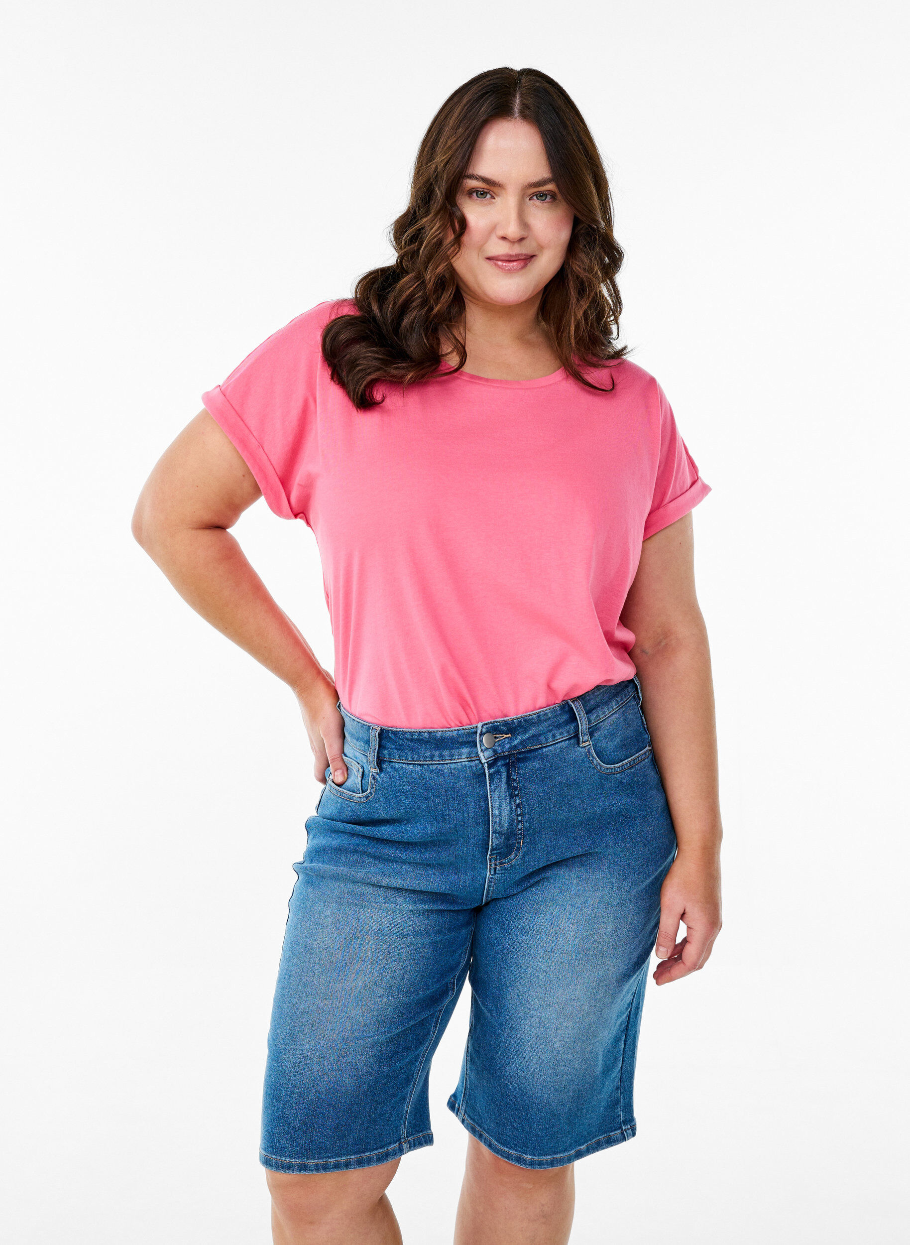 Zizzi Denimbermudashorts med h&ouml;g midja, Bl&aring;, Model image number 0