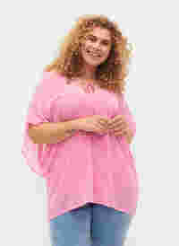 Mönstrad blus med knytband och korta ärmar, Pink Ditzy Flower, Model