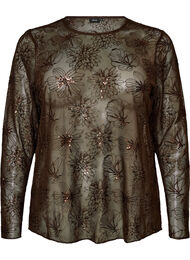 Blus i mesh med blommor och paljetter, Brun