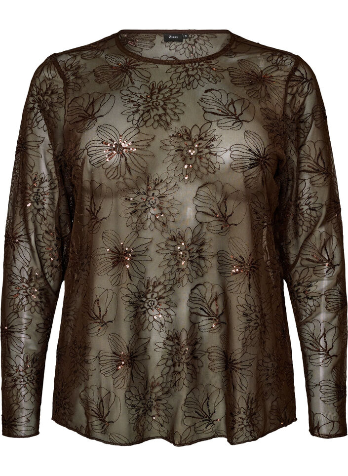 Blus i mesh med blommor och paljetter, Brun, Packshot image number 0