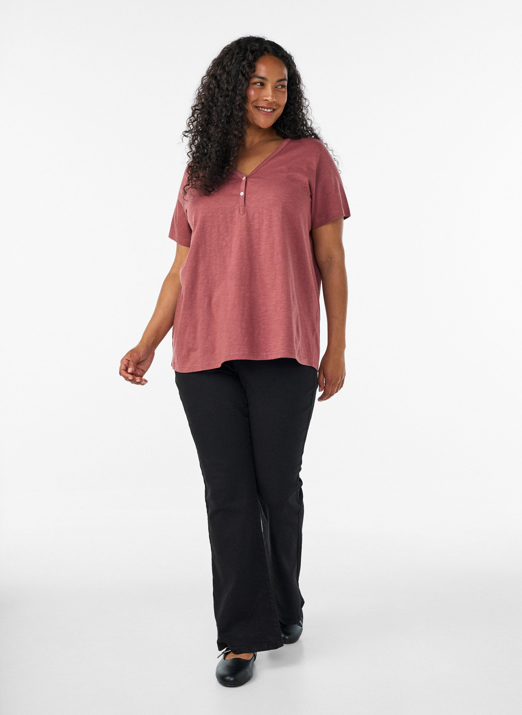 ZizziT-shirt med knappdetalj, Brun, Model image number 1