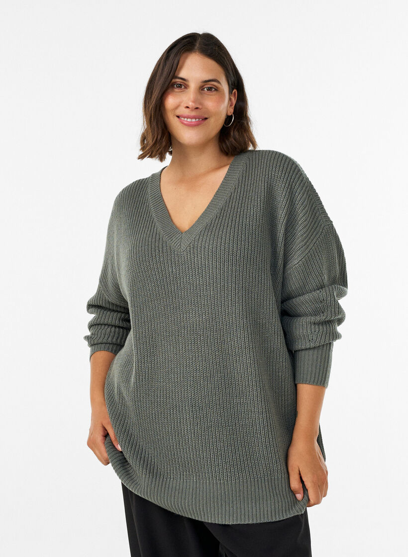 L&aring;ng ribbstickad blus med V-ringning, Gr&ouml;n, Model image number 0
