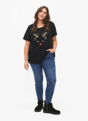 T-shirt med jultryck och paljetter, Black W. Reindeer, Model image number 2
