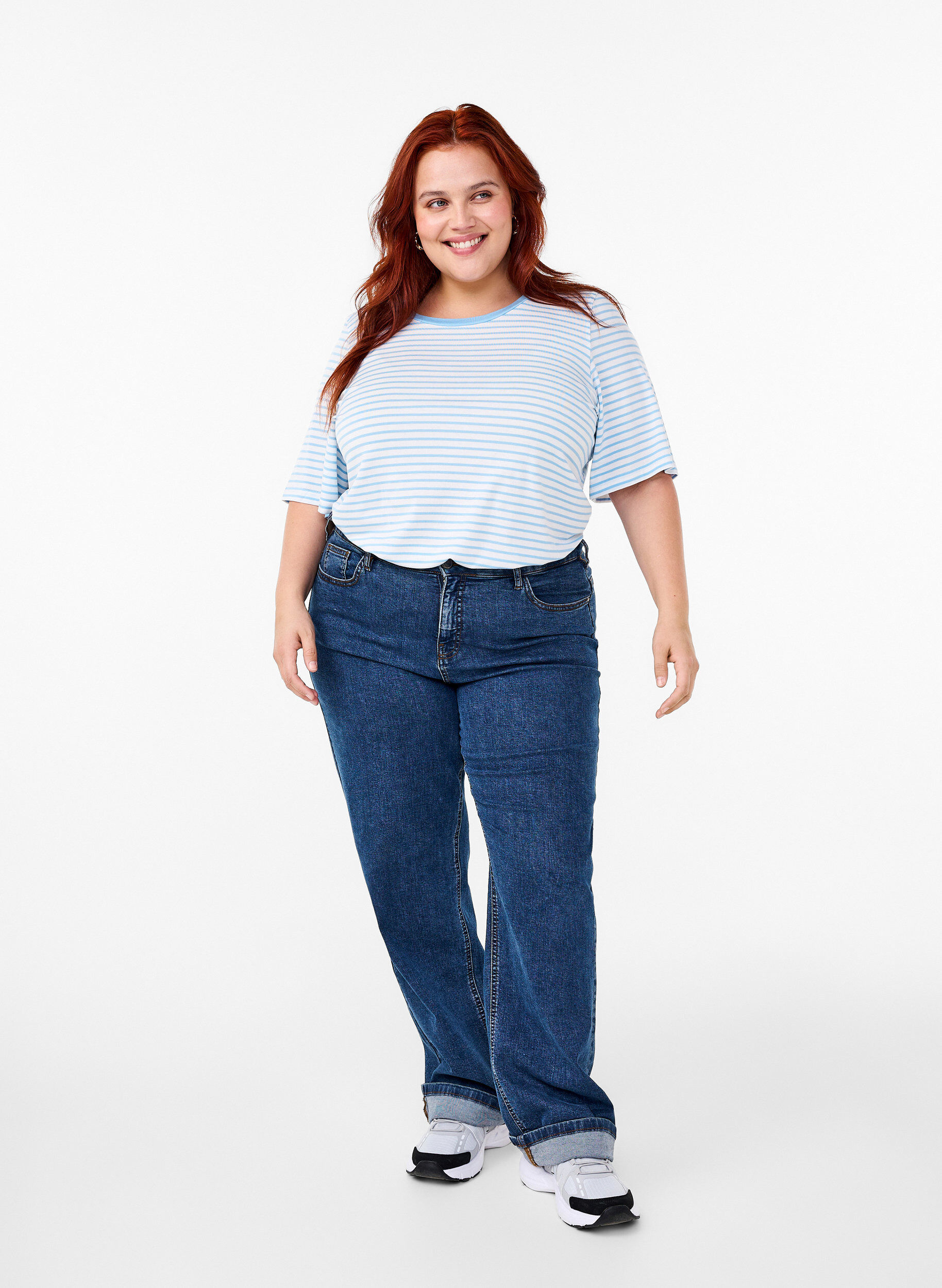 Zizzi Randig T-shirt i lyocell med rund hals, Bl&aring;, Model image number 1