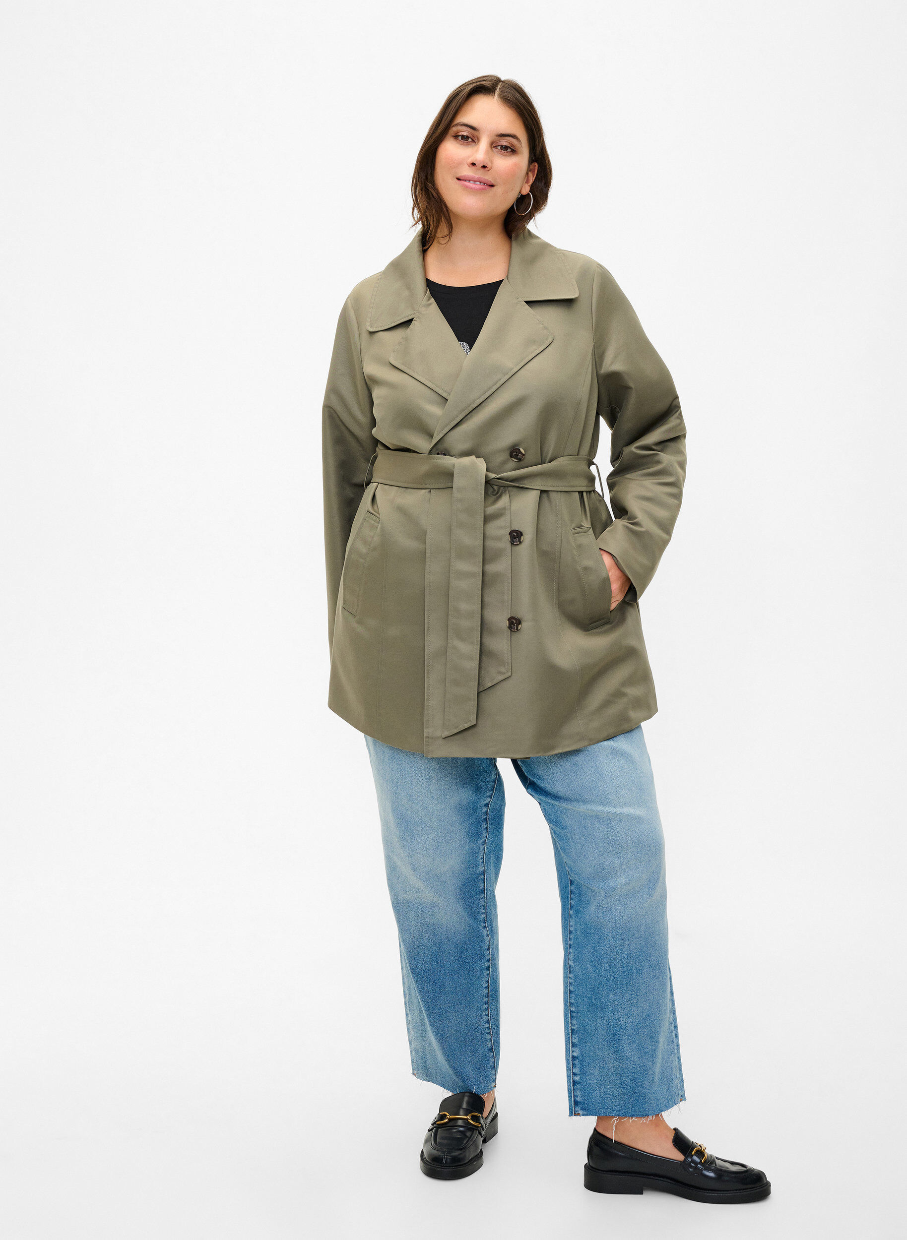 Zizzi Kort trenchcoat med sk&auml;rp, Gr&ouml;n, Model image number 1