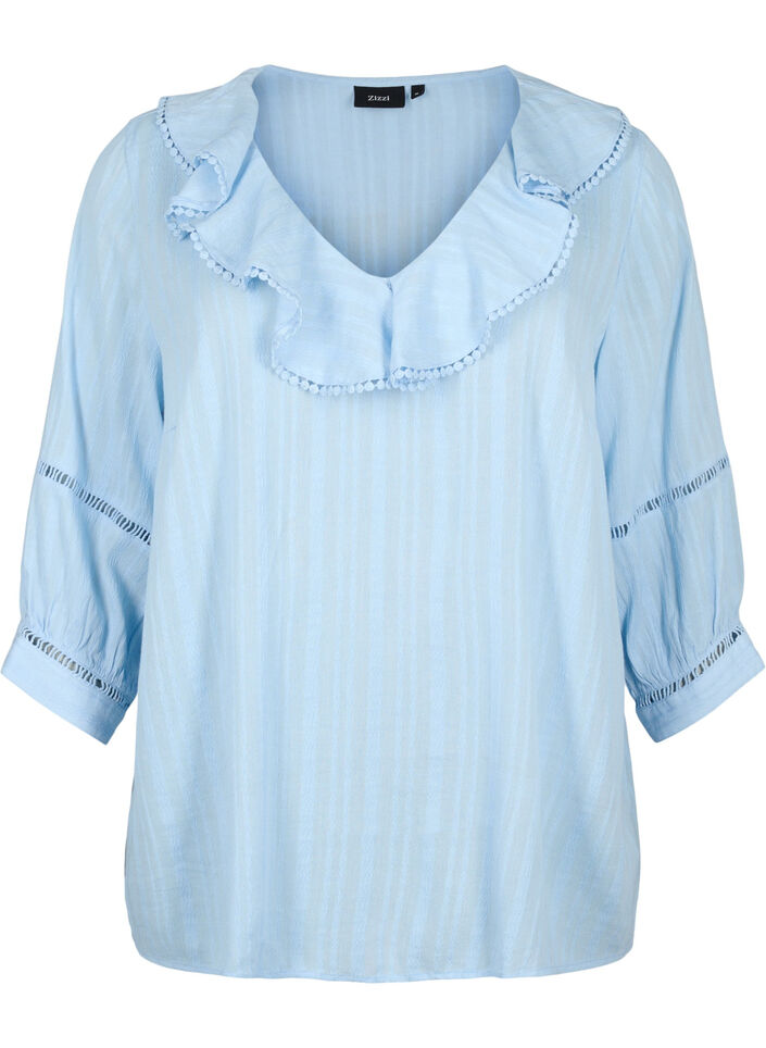 Blus med 3/4 ärmar och spets, Chambray Blue, Packshot image number 0