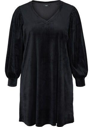 Klänning i velour med långa puffärmar, Black, Packshot image number 0