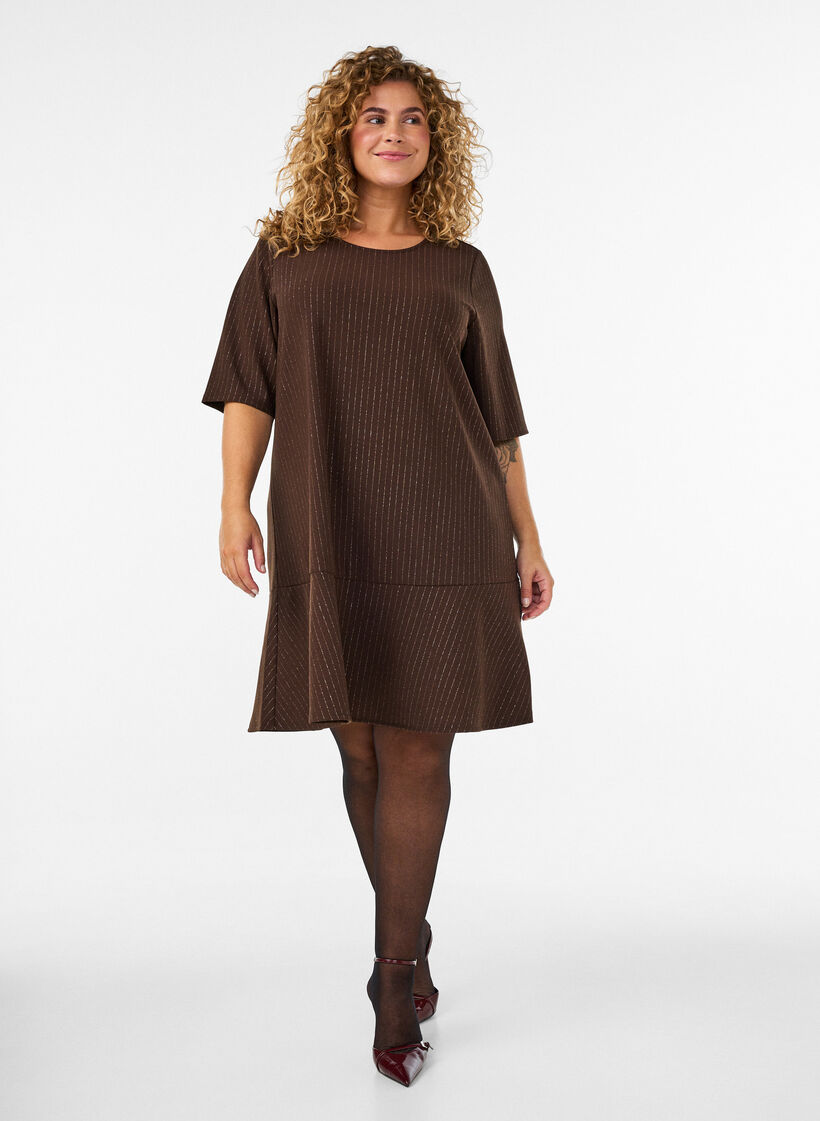 Kort A-linjeformad kl&auml;nning med glittriga r&auml;nder, Brun, Model image number 1