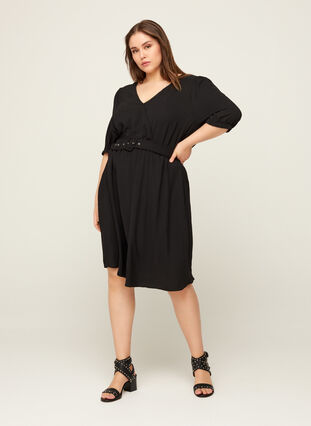 Kortärmad klänning med bälte, Black, Model image number 2