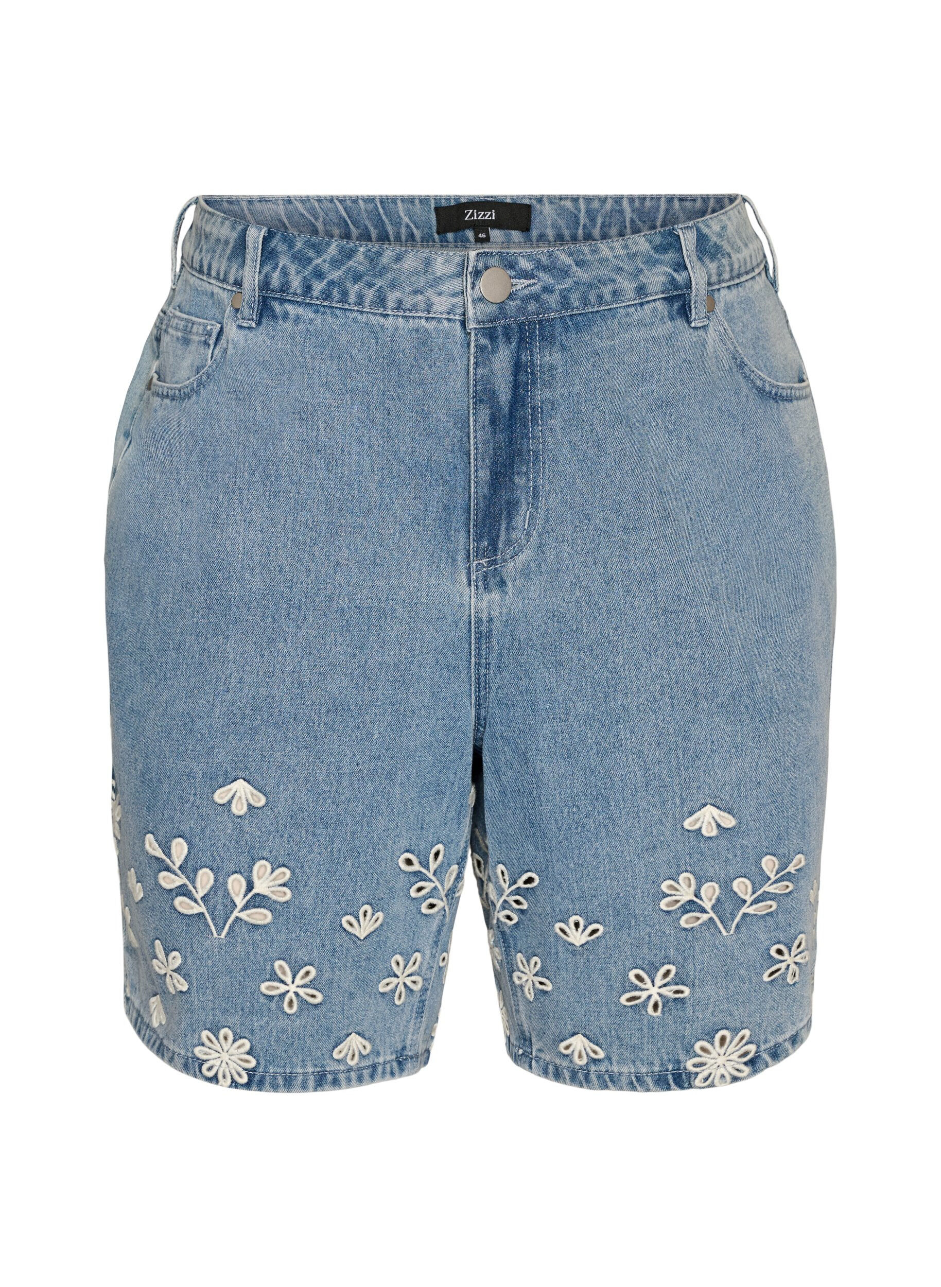 Jeansshorts med broderie anglaise och h&ouml;g midja