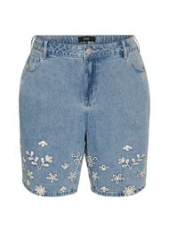 Jeansshorts med broderie anglaise och h&ouml;g midja, Bl&aring;
