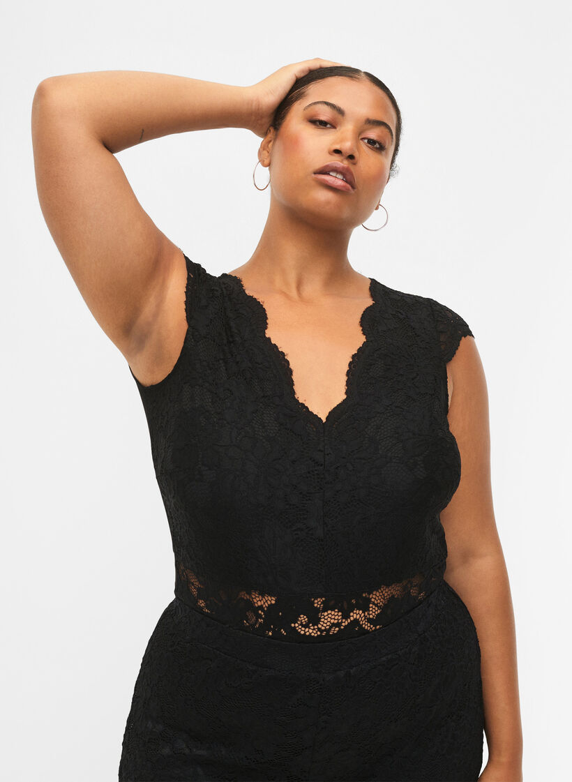 Kroppsstrumpa med spets och v-ringning, Black, Model image number 0