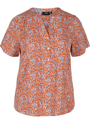 Mönstrad blus med korta ärmar, Orange Flower AOP, Packshot image number 0